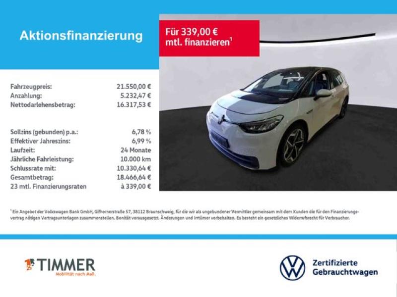 VW  ID.3 PRO 62 kWh +LED +CARPLAY +RKAM +NAVI +SHZ +, Gletscherweiß Metallic